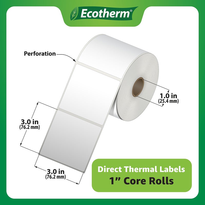 Ecotherm ملصقات حرارية مقاس 3 بوصة × 3 بوصة | 4 رول | 2100 علامة | تناسب طابعات Zebra وMunbyn وRolo وGodex وArkscan وiDPRT وOffnova والمزيد | ملصقات لاصقة بيضاء فارغة من إيكوثيرم - Image 3